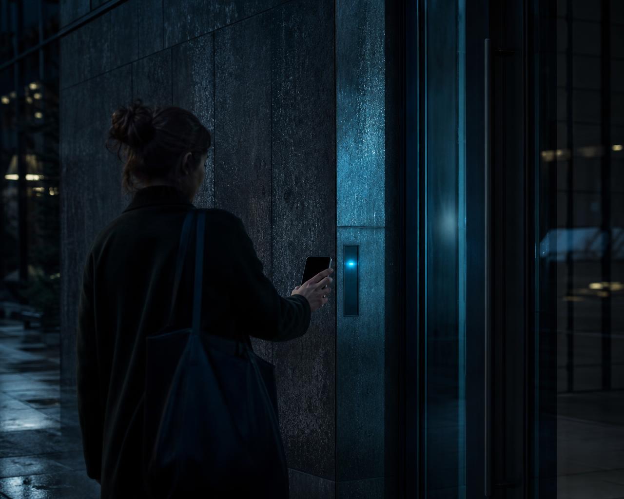 A person unlocking the entrance of a modern building with their smartphone at dusk