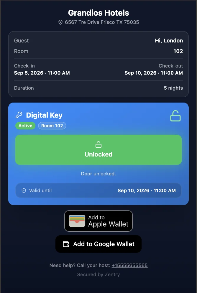 Zentry digital key on a phone showing the door unlocked state
