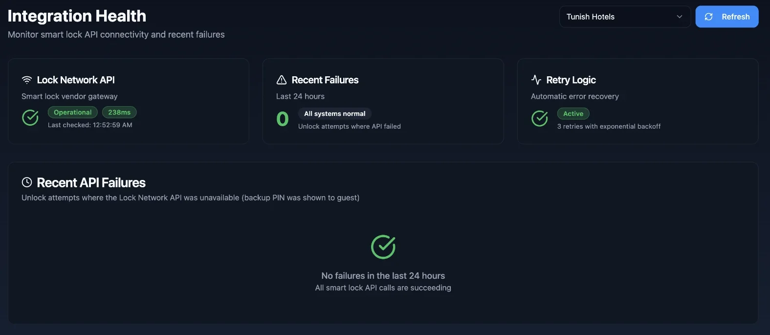 Zentry integration health view showing lock network API status, recent failures and retry logic