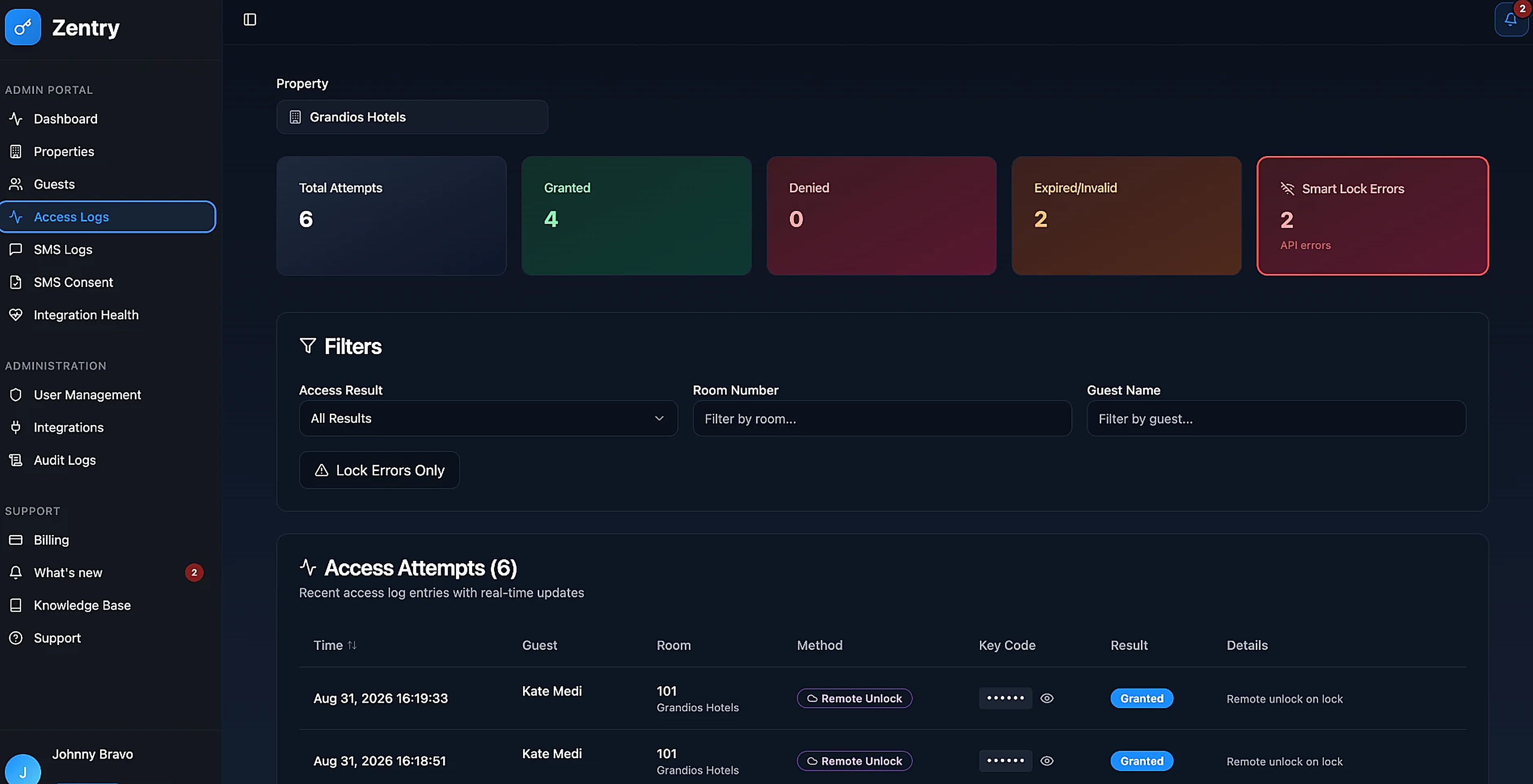Zentry access log view showing recent unlock attempts, results and the doors they belong to